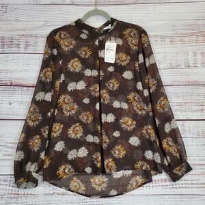 RO & DE Mock Neck Sheer Blouse M Earthy Brown Dandelion Floral Print Neutral NWT